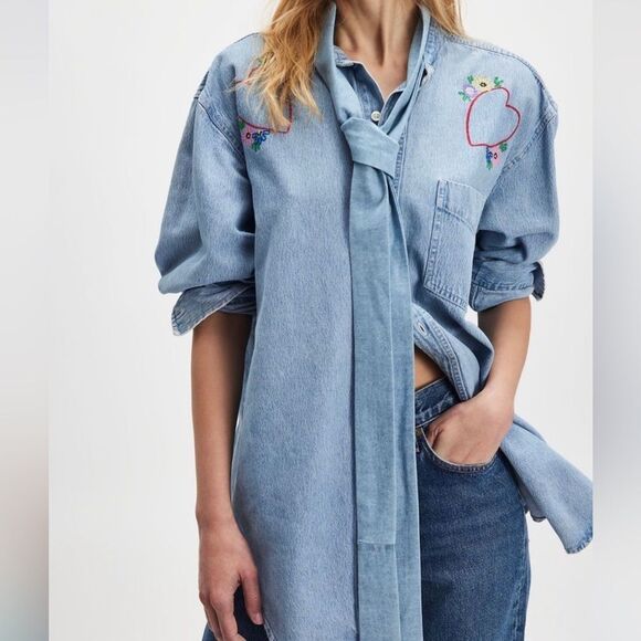 Free People x Tricia Fix Embroidered Heart Denim Tie Top - Picture 1 of 7